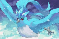 Rule 34 | articuno, artist name, bird, claws, closed mouth, commentary, creatures (company), flying, game freak, gen 1 pokemon, kira (kira dra), legendary pokemon, looking at viewer, nintendo, no humans, pokemon, pokemon (creature), red eyes, sky, sparkle, wings
