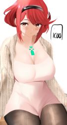 Rule 34 | 1girl, alternate costume, breasts, chest jewel, cleavage, highres, icoo, large breasts, pantyhose, pyra (xenoblade), red eyes, red hair, short hair, solo, sweater, swept bangs, xenoblade chronicles (series), xenoblade chronicles 2