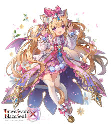 Rule 34 | 1girl, :d, animal ear fluff, animal ears, between legs, blonde hair, blush, bow, brave sword x blaze soul, brown flower, cat ears, cat girl, cat tail, character request, commentary request, dress, fang, flower, full body, hands up, long hair, long sleeves, looking at viewer, official art, open mouth, pink bow, pink flower, puffy long sleeves, puffy sleeves, purple eyes, ribbed legwear, shoes, simple background, sleeves past wrists, smile, solo, tail, tail between legs, thighhighs, very long hair, white background, white dress, white flower, white footwear, white thighhighs, yeonwa
