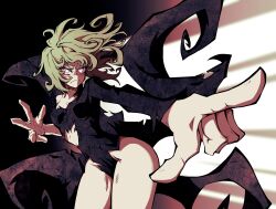 Rule 34 | 1girl, absurdres, black dress, breasts, closed mouth, dress, floating hair, frown, green hair, highres, kekel, leaning forward, medium breasts, one-punch man, pointing, solo, standing, tatsumaki, torn clothes, torn dress, yellow eyes
