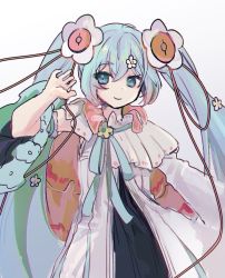 Rule 34 | 1girl, aqua eyes, aqua flower, aqua hair, aqua ribbon, cable, cape, commentary, detached sleeves, dress, flower, hair flower, hair ornament, hand up, hatsune miku, ishitsuki ( 0101 831), long hair, looking to the side, magical mirai (vocaloid), magical mirai miku, magical mirai miku (2021), medallion, neck ribbon, ribbon, smile, solo, speaker, standing, twintails, upper body, very long hair, vocaloid, white cape, white dress, white flower, wide sleeves