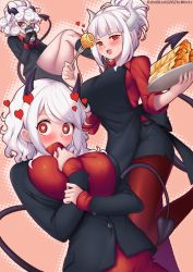 3girls, apron, black apron, black coat, black gloves, black horns, breasts, coat, cup, curly hair, demon girl, demon horns, demon tail, food, glasses, gloves, heart, heart-shaped pupils, helltaker, highres, holding, holding cup, holding plate, horns, kaho okashii, large breasts, long sleeves, looking at viewer, lucifer (helltaker), modeus (helltaker), multiple girls, pancake, pandemonica (helltaker), pantyhose, plate, ponytail, red eyes, red legwear, red shirt, red sweater, ribbed sweater, shirt, short hair, sweater, symbol-shaped pupils, tail, white hair, white horns