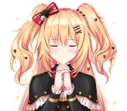 Rule 34 | 1girl, akai haato, akai haato (gothic lolita), black dress, blonde hair, blush, bow, closed eyes, closed mouth, dress, gothic lolita, hair bow, hair ornament, heart, heart hair ornament, highres, hololive, kyamu (qqea92z9n), lolita fashion, long hair, official alternate costume, own hands together, red bow, smile, solo, twintails, very long hair, virtual youtuber, white background, x hair ornament