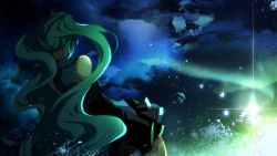 Rule 34 | 1girl, aqua hair, detached sleeves, female focus, from behind, hatsune miku, highres, lens flare, long hair, marirero a, night, outdoors, skirt, sky, solo, star (symbol), twintails, very long hair, vocaloid