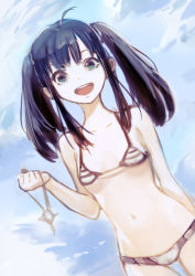Rule 34 | 1girl, :d, absurdres, ahoge, bikini, black hair, cloud, day, green eyes, highres, holding, jewelry, long hair, looking at viewer, necklace, okuto, open mouth, original, sidelocks, sky, smile, solo, strap gap, striped bikini, striped clothes, swimsuit, twintails