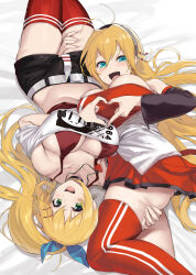Rule 34 | 2girls, aqua eyes, bare shoulders, black shorts, black sleeves, blonde hair, blush, breasts, detached sleeves, green eyes, hair ornament, heart, heart hands, highres, large breasts, long hair, long sleeves, lying, multiple girls, on back, open mouth, ponytail, red thighhighs, short shorts, shorts, smile, thigh grab, thighhighs, thighs, tsurumaki maki, voiceroid, yappen