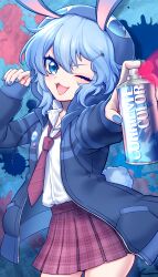 Rule 34 | 1girl, absurdres, animal ears, blue eyes, blue hair, blue jacket, blue nails, collared shirt, highres, jacket, corriente (show by rock!!), long sleeves, looking at viewer, mel6969, necktie, one eye closed, open mouth, rabbit ears, rabbit girl, rabbit tail, red necktie, shirt, short hair, show by rock!!, smile, solo, spray paint, tail, white shirt
