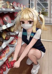 Rule 34 | 1girl, absurdres, ahoge, badge, bare legs, blonde hair, blue vest, brown eyes, button badge, ch1ckpyo, commentary request, convenience store, cup ramen, food, hair ornament, hairclip, highres, holding, indoors, instant ramen, looking at viewer, mask, medium hair, mouth mask, no socks, original, photo background, pocky, ribbon, shelf, shin ramyun, shirt, shoes, shop, short sleeves, shorts, sneakers, solo, squatting, two side up, vest, white footwear, white shirt, white shorts, wooden floor