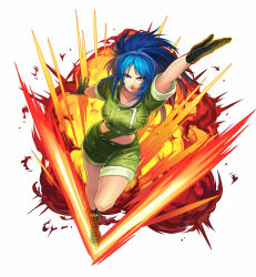 Rule 34 | 1girl, artist request, black gloves, blue eyes, blue hair, boku &amp; dragons, boots, earrings, explosion, fighting stance, gloves, green jacket, green shorts, highres, jacket, jewelry, leona heidern, looking at viewer, military, military uniform, official art, ponytail, serious, shorts, soldier, solo, the king of fighters, triangle earrings, uniform, v, white background