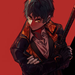 Rule 34 | 1boy, :|, black gloves, black vest, blue hair, chinese commentary, closed mouth, coat, collared shirt, commentary request, expressionless, fate/grand order, fate (series), fingerless gloves, gloves, highres, katana, looking at viewer, male focus, hugging object, red background, saitou hajime (fate), shirt, short hair, simple background, solo, sword, upper body, vest, weapon, white shirt, yellow eyes, zhang2011han