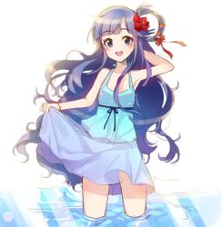 Rule 34 | 10s, 1girl, asari nanami, bad id, bad twitter id, bare shoulders, blue dress, blue eyes, blue hair, blush, bracelet, commentary request, dress, fish hair ornament, flower, hair flower, hair ornament, hair rings, idolmaster, idolmaster cinderella girls, jewelry, long hair, looking at viewer, matching hair/eyes, open mouth, partially submerged, skirt hold, smile, solo, songmil, standing, wading, water, wet