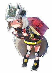 Rule 34 | 1girl, animal ears, animal ears helmet, arknights, backpack, bag, black footwear, black jacket, black shorts, blush, boots, brown eyes, brown hair, closed mouth, commentary request, fake animal ears, female focus, fire helmet, firefighter, firefighter jacket, full body, holding strap, jacket, knee pads, leaning forward, looking at viewer, minatoasu, randoseru, shaw (arknights), shorts, simple background, solo, squirrel ears, squirrel tail, standing, tail, white background, white headwear