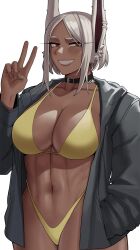 Rule 34 | 1girl, abs, alternate costume, animal ears, belt collar, bikini, blush, boku no hero academia, breasts, collar, collarbone, contemporary, cowboy shot, dark-skinned female, dark skin, earrings, fingernails, grey hair, grin, gud0c, hand in pocket, hand up, highleg, highleg bikini, highres, huge breasts, jacket, jewelry, long eyelashes, long sleeves, looking at viewer, mirko, navel, open clothes, open jacket, outline, parted bangs, rabbit ears, raised eyebrow, red eyes, shiny skin, sidelocks, simple background, smile, solo, swimsuit, thick thighs, thighs, toned, v, white background, yellow bikini