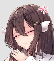 Rule 34 | 1girl, anger vein, azur lane, brown hair, closed eyes, collared shirt, commentary request, eyebrows, facing viewer, hair between eyes, hair ornament, hairclip, head tilt, mikasa (azur lane), pink lips, portrait, schreibe shura, shaded face, shirt, smile, solo, spoken anger vein