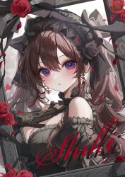 Rule 34 | 1girl, ahoge, bare shoulders, black dress, black hairband, blue eyes, blush, breasts, brown hair, character name, cleavage, cover, cover page, dress, gothic lolita, hair between eyes, hairband, ichinose shiki, idolmaster, idolmaster cinderella girls, jewelry, kudou (sikisiki0000), lolita fashion, long hair, looking at viewer, medium breasts, open mouth, picture frame, solo, twintails, wavy hair