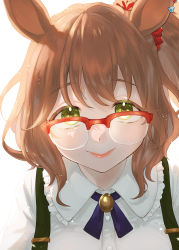 Rule 34 | 1girl, absurdres, animal ears, aston machan (umamusume), backlighting, bespectacled, breasts, brown hair, closed mouth, collared shirt, commentary request, dress shirt, glasses, green eyes, hair ornament, hair scrunchie, highres, horse ears, looking at viewer, medium breasts, one side up, over-rim eyewear, red-framed eyewear, red lips, red scrunchie, sarachi (sara dayluv), scrunchie, semi-rimless eyewear, shirt, simple background, smile, solo, suspenders, umamusume, upper body, white background, white shirt