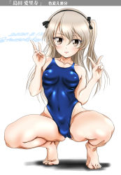 Rule 34 | 1girl, absurdres, barefoot, black hairband, blue background, blue one-piece swimsuit, breasts, brown eyes, character name, dated, double v, girls und panzer, hair between eyes, hairband, highleg, highleg swimsuit, highres, light brown hair, long hair, looking at viewer, narrow waist, one-piece swimsuit, one side up, parted bangs, shimada arisu, simple background, skin tight, small breasts, solo, spread legs, squatting, swimsuit, thighs, tomokoji, twitter username, v, white background, wide hips