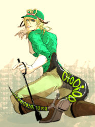 Rule 34 | 1boy, argyle, argyle clothes, argyle sweater, blonde hair, boots, diego brando, gloves, green shirt, hat, highres, jojo no kimyou na bouken, male focus, scary monsters (stand), shirt, short hair, solo, stand (jojo), steel ball run, sweater, tail, turtleneck, yutaroo000