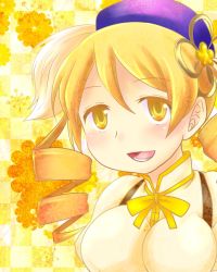 Rule 34 | 10s, 1girl, blonde hair, breasts, drill hair, hat, large breasts, long hair, mahou shoujo madoka magica, mahou shoujo madoka magica (anime), murasaki gin&#039;ya, open mouth, ribbon, solo, tomoe mami, upper body, yellow background, yellow eyes, yellow theme