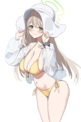 Rule 34 | 0-toki, 1girl, bead bracelet, beads, bikini, blue archive, bracelet, breasts, brown hair, closed mouth, green eyes, halo, hat, highres, jewelry, large breasts, long hair, looking at viewer, navel, nonomi (blue archive), nonomi (swimsuit) (blue archive), open clothes, open shirt, shirt, side-tie bikini bottom, simple background, smile, solo, standing, swimsuit, thighs, white background, white hat, white shirt, yellow bikini