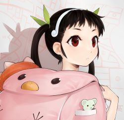 Rule 34 | 1girl, absurdres, backpack, bag, black hair, brown eyes, commentary, facing away, green ribbon, hachikuji mayoi, hair ribbon, hairband, highres, long hair, looking afar, looking back, map, monogatari (series), parted lips, piancaesar, ribbon, romaji commentary, shadow, solo, stuffed animal, stuffed toy, twintails, upper body