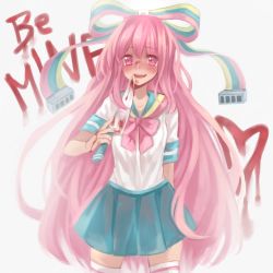 Rule 34 | 1girl, :d, blood, blood writing, bloody knife, blush, bow, commentary, giffany, gravity falls, hair bow, hair ribbon, heart, kitchen knife, knife, long hair, looking at viewer, open mouth, pink eyes, pink hair, pleated skirt, ribbon, ribbon cable, sata cable, school uniform, serafuku, shouu-kun, skirt, smile, solo, thighhighs, very long hair, yandere