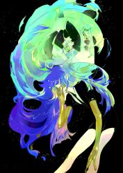 Rule 34 | 2others, androgynous, aqua eyes, aqua hair, black background, black necktie, black shorts, blue eyes, blue hair, blunt bangs, crying, dual persona, feet out of frame, floating hair, gem uniform (houseki no kuni), golden arms, green eyes, green hair, hand on own face, hand up, highres, houseki no kuni, leaning forward, light particles, long hair, looking at viewer, multicolored eyes, multiple others, naaacn, necktie, other focus, phosphophyllite, phosphophyllite (ll), puffy short sleeves, puffy sleeves, short hair, short sleeves, shorts, solo focus, spoilers, standing, very long hair