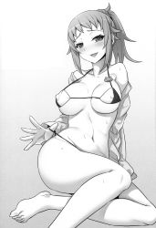 Rule 34 | 1girl, artist request, barefoot, bikini, blush, breasts, breath, brown hair, crossed legs, curvy, feet out of frame, female focus, fingernails, gradient background, gundam, gundam build fighters, gundam build fighters try, highres, hoshino fumina, large breasts, lips, looking at viewer, monochrome, navel, nipples, open clothes, open shirt, ponytail, shiny skin, side-tie bikini bottom, simple background, sitting, smile, solo, sweat, swimsuit, toes, white background