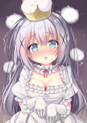 Rule 34 | 1girl, :3, absurdres, alternate breast size, blue eyes, blue hair, blush, breasts, brooch, cleavage, collarbone, commentary request, cosplay, crown, dress, embarrassed, eyes visible through hair, frills, ghost pose, gloves, gochuumon wa usagi desu ka?, hair between eyes, hair ornament, highres, jewelry, kafuu chino, large breasts, long hair, looking at viewer, luigi&#039;s mansion, mario (series), neko pan, new super mario bros. u deluxe, nintendo, nose blush, open mouth, princess king boo, princess king boo (cosplay), puffy short sleeves, puffy sleeves, short sleeves, super crown, sweat, nervous sweating, tippy (gochiusa), trembling, triangle mouth, upper body, white dress, white gloves, x hair ornament