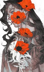 Rule 34 | 1girl, black hair, blue eyes, chin piercing, earrings, flower, from side, highres, jewelry, leaf, long hair, looking ahead, original, parted bangs, parted lips, red flower, signature, simple background, solo, upper body, white background, yue (memento1113)