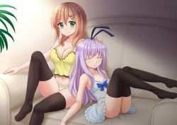 Rule 34 | 10s, 2girls, bare shoulders, black legwear, blue dress, blush, bow, breasts, brown hair, collarbone, commentary, couch, dress, closed eyes, green eyes, hair ornament, hairclip, hand on another&#039;s head, highres, kazenokaze, large breasts, light brown hair, light particles, long hair, looking at viewer, midriff, multiple girls, navel, no shoes, purple hair, sengoku kamuri, sitting, slow start, small breasts, smile, thighhighs, tokura eiko