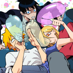 Rule 34 | 1girl, 2boys, absurdres, aisendraw, annoyed, black hair, black jacket, black necktie, blonde hair, blue eyes, blue tank top, chainsaw man, clenched teeth, collared shirt, condom, condom balloon, condom in mouth, cross-shaped pupils, denji (chainsaw man), formal, frustrated, hair between eyes, hayakawa aki, highres, jacket, long hair, looking at another, looking at viewer, mouth hold, multiple boys, necktie, parted lips, power (chainsaw man), shirt, short hair, suit, suit jacket, symbol-shaped pupils, tank top, teeth, topknot, white shirt, yellow eyes