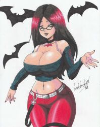 Rule 34 | 1girl, 2021, animal print, bat print, belt, black hair, black lips, breasts, choker, cleavage, commission, curvy, glasses, goth fashion, highres, large breasts, long hair, multicolored hair, navel, navel piercing, original, pants, piercing, ravernclouk design, red eyes, red hair, red nails, red pants, simple background, solo, traditional media, two-tone hair