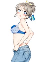 Rule 34 | 1girl, blue bra, blue eyes, blush, bra, breasts, brown hair, bug, butterfly, denim, hair ribbon, hair tie, highres, insect, jeans, lace, lace-trimmed bra, lace trim, love live!, love live! sunshine!!, medium breasts, pants, ribbon, sankuro (agoitei), short hair, simple background, solo, unbuttoning, underwear, watanabe you, white background