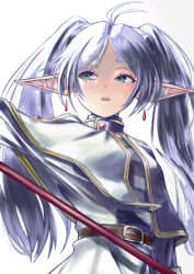 Rule 34 | 1girl, absurdres, belt, capelet, closed mouth, drop earrings, earrings, elf, frieren, green eyes, highres, hxk4 n, jewelry, long hair, long sleeves, looking at viewer, open mouth, parted bangs, pointy ears, shirt, simple background, solo, sousou no frieren, striped clothes, striped shirt, teeth, thick eyebrows, twintails, upper teeth only, white background, white capelet, white hair