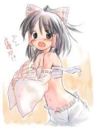 Rule 34 | 1girl, bare shoulders, black eyes, black hair, bloomers, blush, detached sleeves, female focus, flat chest, gradient background, hakurei reimu, japanese clothes, japanese text, miko, nametake, navel, open mouth, sarashi, solo, touhou, translation request, underwear, underwear only, undressing, white background, white bloomers