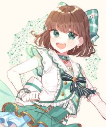 Rule 34 | 1girl, :d, armband, artist name, bang dream!, blush, bow, bow choker, brown hair, choker, clenched hand, commentary request, corset, earrings, flower earrings, frilled shirt, frills, gloves, green bow, green choker, green eyes, green skirt, hair bow, heart, heart choker, highres, jewelry, layered skirt, neck ribbon, open mouth, patzzi, ribbon, shirt, short hair, skirt, smile, solo, striped choker, striped ribbon, sweat, white gloves, yamato maya
