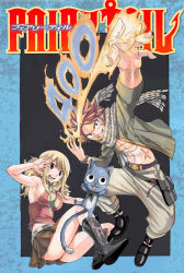 Rule 34 | 1boy, 1girl, abs, belt, blonde hair, boots, breasts, fairy tail, fire, happy (fairy tail), highres, logo, lucy heartfilia, mashima hiro, miniskirt, natsu dragneel, official art, pink hair, scar, scarf, sideboob, skirt, smile