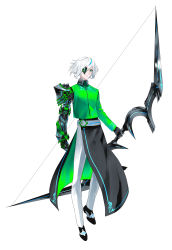 Rule 34 | 1boy, bad id, bad pixiv id, bow (weapon), expressionless, eyepatch, full body, gloves, green eyes, green hair, highres, holding, holding weapon, jacket, loafers, looking at viewer, male focus, mecha danshi, multicolored hair, musical note, neon trim, original, prosthesis, prosthetic arm, quarter note, shoes, solo, streaked hair, tsuki-shigure, weapon, white background, white hair