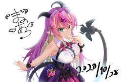 Rule 34 | 1girl, absurdres, asymmetrical horns, bare shoulders, blonde hair, blouse, bow, bowtie, breasts, chest harness, commentary request, dated, demon girl, demon horns, demon tail, hair ornament, harness, headphones, headphones around neck, highres, holding, holding with tail, hololive, horn bow, horn ornament, horns, konjiki alia, long hair, looking at viewer, mano aloe, microphone, nail polish, pointy ears, prehensile tail, shirt, simple background, sleeveless, sleeveless shirt, solo, tail, uneven horns, virtual youtuber, white background, white shirt, wrist cuffs