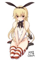 Rule 34 | 1girl, adapted costume, anchor, animal ears, artist name, between legs, black hairband, black neckerchief, blonde hair, boots, bow, bowtie, covered navel, dated, detached collar, flat chest, grey eyes, hairband, high heels, highres, kantai collection, leotard, long hair, neckerchief, owa (ishtail), playboy bunny, rabbit ears, shimakaze (kancolle), sitting, solo, strapless, strapless leotard, striped clothes, striped thighhighs, thighhighs, traditional bowtie, wariza, white leotard