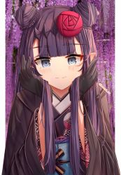 Rule 34 | 1girl, absurdres, black gloves, blue eyes, blunt bangs, commentary, commission, double bun, english commentary, flower, gloves, hair bun, headpiece, highres, hololive, hololive english, japanese clothes, kimono, leonardo 566, long hair, long sleeves, looking at viewer, ninomae ina&#039;nis, ninomae ina&#039;nis (new year), pointy ears, purple hair, second-party source, sidelocks, smile, solo, very long hair, virtual youtuber