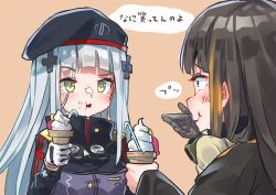 Rule 34 | 2girls, aamond, absurdres, beret, black hair, blonde hair, blush, candy, candy cane, food, food on face, girls&#039; frontline, gloves, goggles, goggles around neck, hat, streaked hair, highres, hk416 (girls&#039; frontline), ice cream, ice cream cone, ice cream on face, laughing, m16a1 (girls&#039; frontline), multicolored hair, multiple girls, silver hair, single glove, speech bubble
