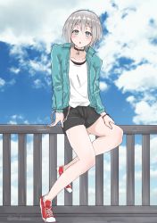 Rule 34 | 1girl, :o, aoba moca, arm support, bad id, bad pixiv id, bang dream!, bead bracelet, beads, blue eyes, blue jacket, blue sky, blush, bracelet, choker, cloud, collarbone, day, eyelashes, hand on own thigh, highres, jacket, jewelry, legs, lock, looking at viewer, no socks, on railing, open clothes, open jacket, padlock, photo background, railing, shoes, short hair, shorts, silver hair, sitting, sketch, sky, sneakers, solo, studded choker, t7s-kuroro, twitter username, wallet chain