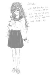 Rule 34 | 1girl, character profile, check translation, freckles, full body, glasses, greyscale, highres, kneehighs, long hair, looking at viewer, messy hair, monochrome, moonsorrow, original, pleated skirt, sailor collar, school uniform, serafuku, shoes, simple background, sketch, skirt, socks, standing, translation request, white background, wide sleeves