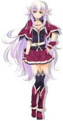 Rule 34 | 1girl, atelier-moo, breasts, cleavage, cloak, closed mouth, dark elf, elf, full body, garter straps, hair between eyes, large breasts, long hair, long pointy ears, narrow waist, pointy ears, purple cloak, purple hair, silvia milsteen, skirt, smile, solo, standing, thighhighs, thighs, transparent, very long hair, wizards symphony, yellow eyes, zettai ryouiki