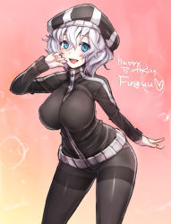 Rule 34 | 1girl, black pantyhose, blue eyes, blush, breasts, character name, crotch seam, fuguu-chan, happy birthday, hat, heart, highres, jacket, large breasts, light purple hair, looking at viewer, open mouth, original, panties, panties under pantyhose, pantyhose, short hair, silver hair, smile, solo, taishi (picchiridou), thighband pantyhose, underwear