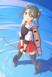 Rule 34 | 10s, 1girl, absurdres, aircraft, airplane, apollo (hu maple), armor, arrow (projectile), black hair, boots, bow (weapon), flight deck, gradient background, hair ribbon, highres, japanese clothes, kantai collection, looking at viewer, modern drawing style, muneate, red eyes, ribbon, solo, standing, standing on liquid, thigh boots, thighhighs, twintails, water, weapon, zettai ryouiki, zuikaku (kancolle)