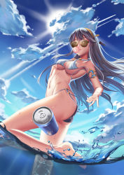 Rule 34 | 10s, 1girl, absurdres, armlet, ass, barefoot, bikini, black hair, blue bikini, blue sky, blue theme, breasts, bubble, blowing bubbles, can, caustics, chewing gum, cleavage, cloud, contrail, day, diffraction spikes, from below, glasses, gyate gyate, hairband, haruna (kancolle), headgear, highres, kantai collection, kongou (kancolle), long hair, looking at viewer, maomaozi, medium breasts, navel, ocean, original, outdoors, partially underwater shot, side-tie bikini bottom, sky, solo, splashing, standing, standing on one leg, string bikini, sun, sunglasses, swimsuit, twisted torso, untied bikini, wading, water, water drop, wet