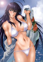 Rule 34 | 00s, 1girl, antenna hair, artbook, beach, bikini, blue eyes, breasts, covered erect nipples, day, fanbook, highres, ikkitousen, ikkitousen dragon destiny, kan&#039;u unchou, large breasts, long hair, manabe jouji, ocean, official fanbook, one-piece tan, open mouth, outdoors, purple hair, scan, solo, swimsuit, tan, tanline, toned, very long hair, water, white bikini